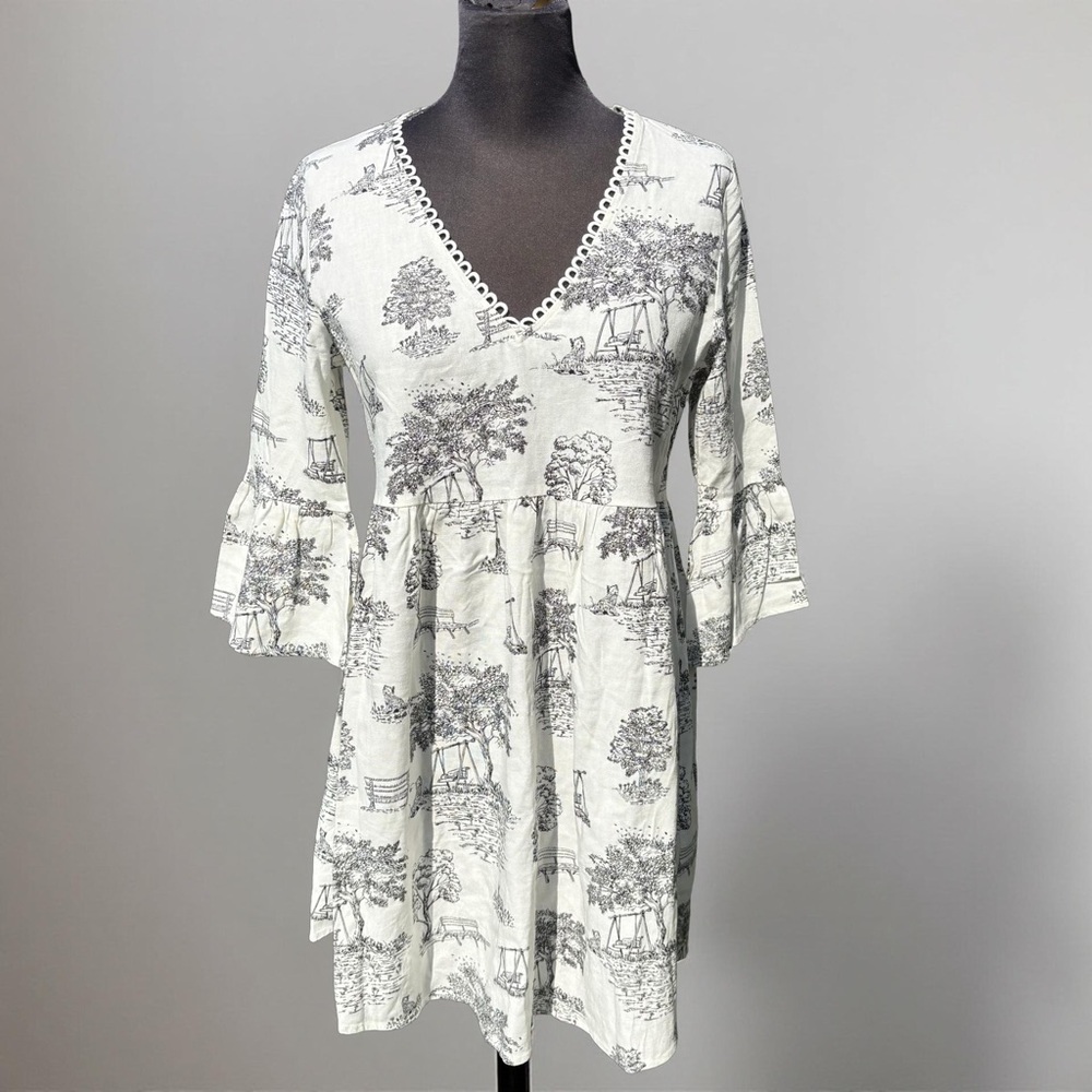 New with Tags Shabby Chic Toile Mini‎ Dress Bell Sleeves Black and White Small